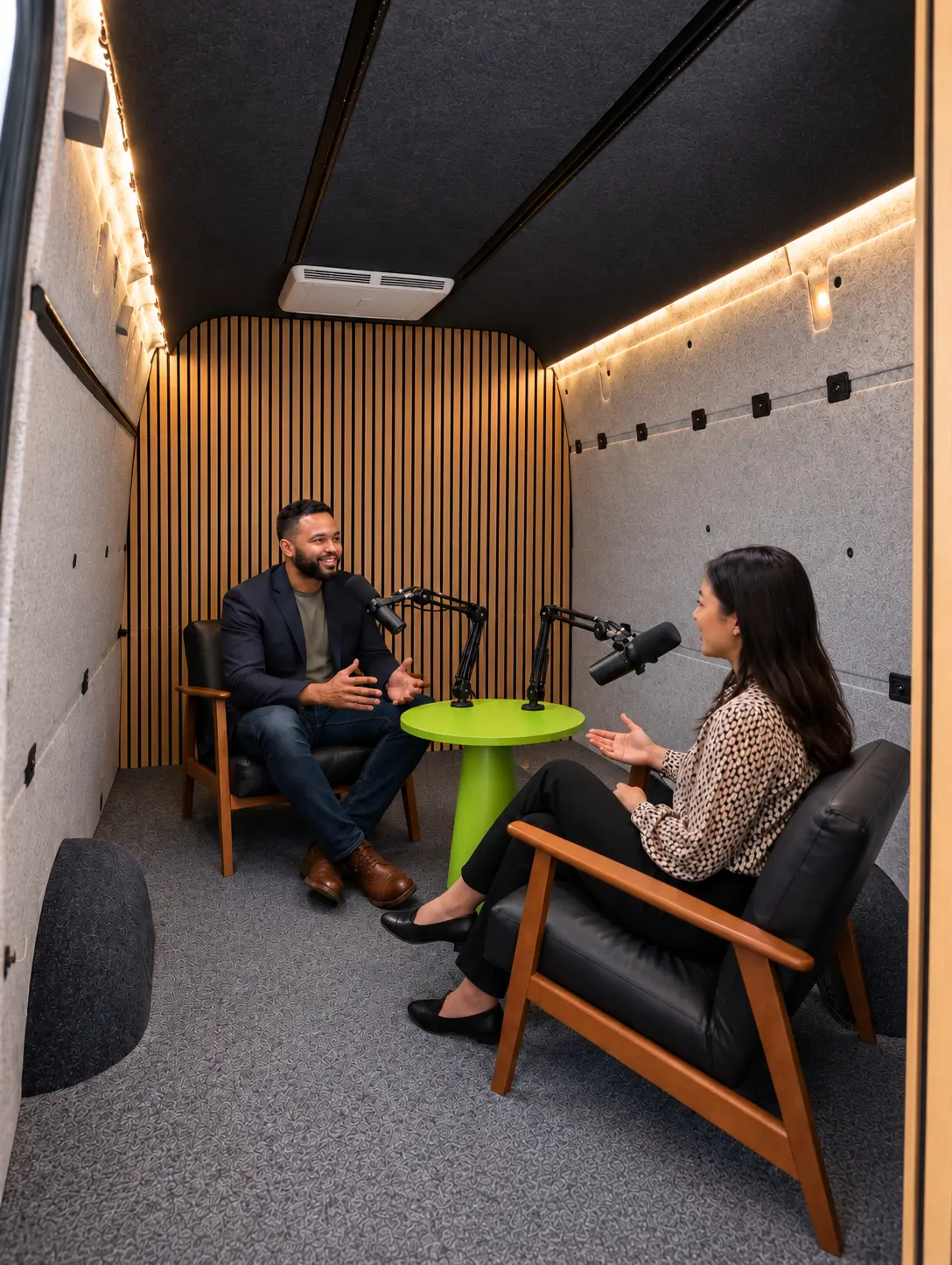 Zwei Gäste bei einer Podcast-Aufnahme im TalkTruck